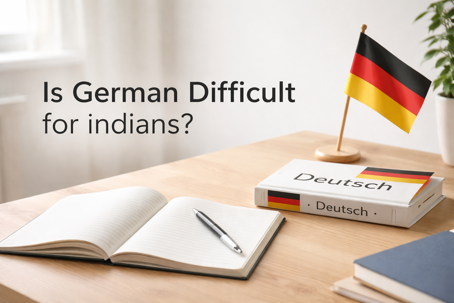 Is German language difficult for Indians – study desk with German book, notebook, pen, and German flag